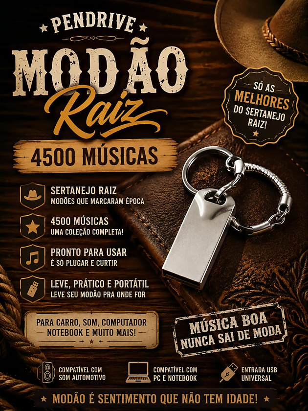 Pendrive Berrante de Ouro 4500 músicas sobre couro e madeira